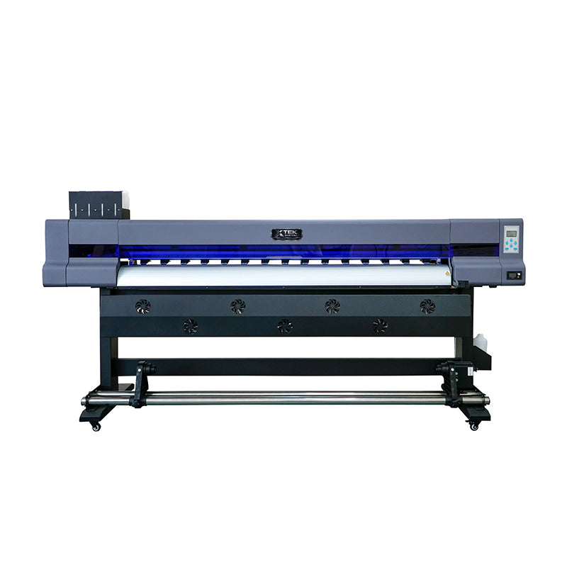 Xtek Digital X-KC1900F wide-format inkjet printer features 1440dpi high resolution, dual eco solvent and sublimation ink compatibility, equipped with XP600/i3200 print heads and infrared heating system. 